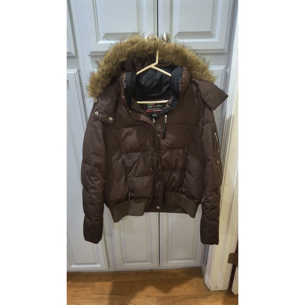 ZeroXposur Brown Down Puffer Bomber Jacket Faux Fur Hood Women's XL Y2K